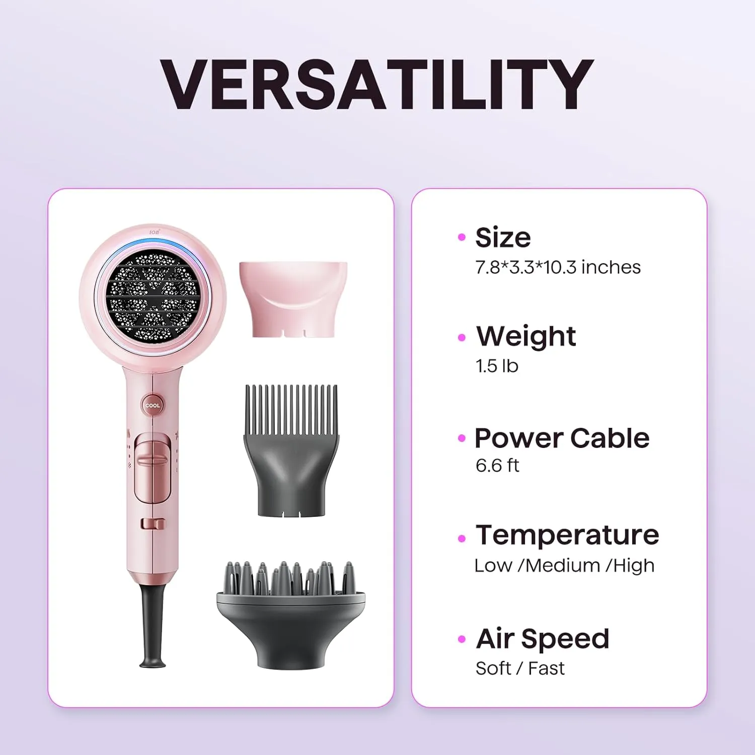 Wavytalk Hair Dryer with Diffuser, Blown Away Ionic Blow Dryer for Curly Hair with Comb, 1875W Fast Drying Hair Dryer with Ceramic Technology, 3 Attachments for All Hair Types, Light and Quiet, Pink