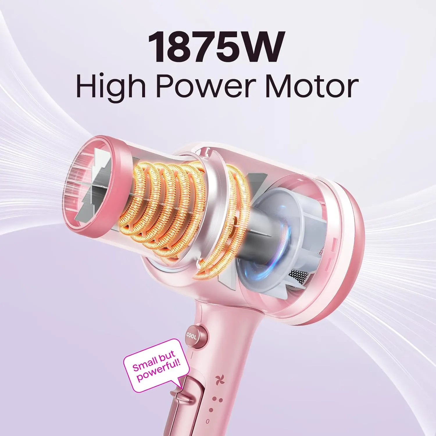 Wavytalk Hair Dryer with Diffuser, Blown Away Ionic Blow Dryer for Curly Hair with Comb, 1875W Fast Drying Hair Dryer with Ceramic Technology, 3 Attachments for All Hair Types, Light and Quiet, Pink
