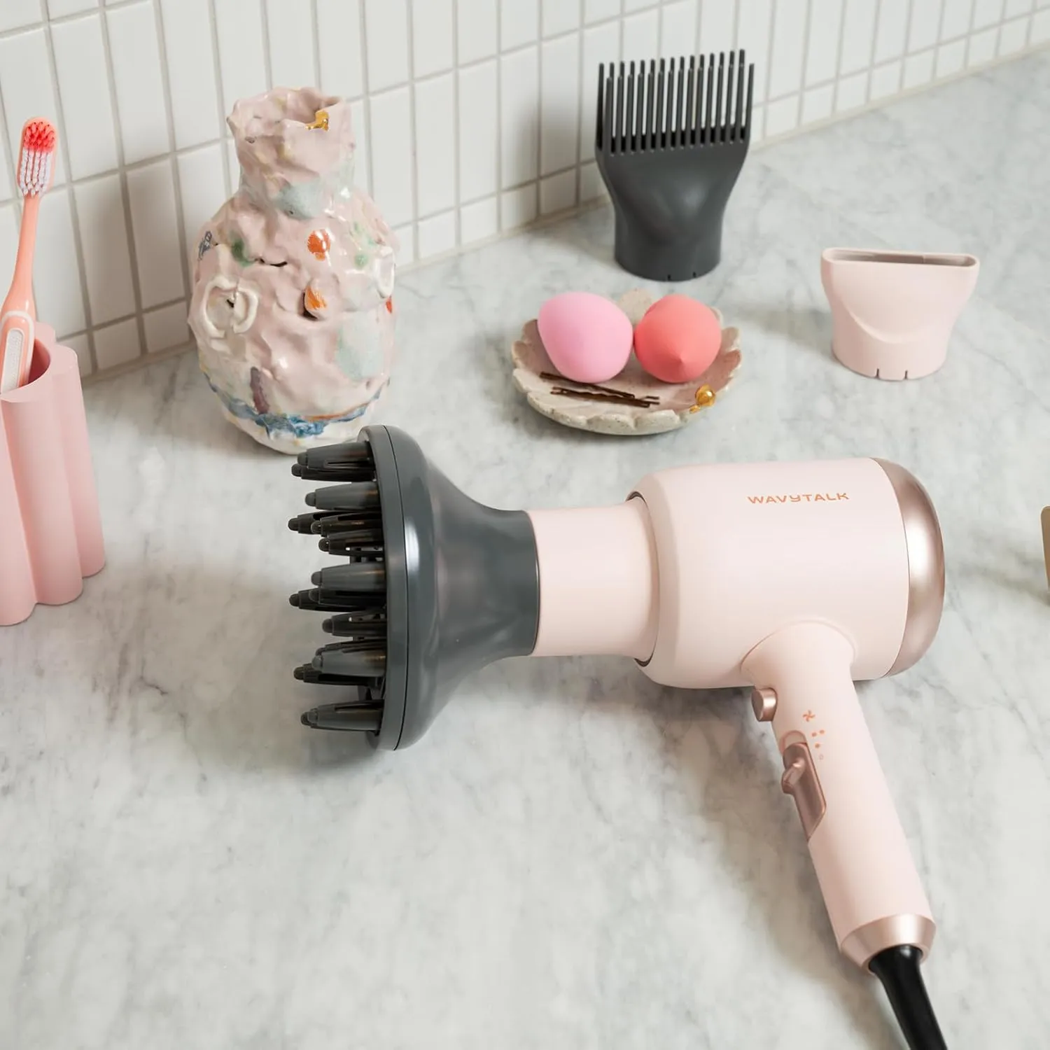 Wavytalk Hair Dryer with Diffuser, Blown Away Ionic Blow Dryer for Curly Hair with Comb, 1875W Fast Drying Hair Dryer with Ceramic Technology, 3 Attachments for All Hair Types, Light and Quiet, Pink