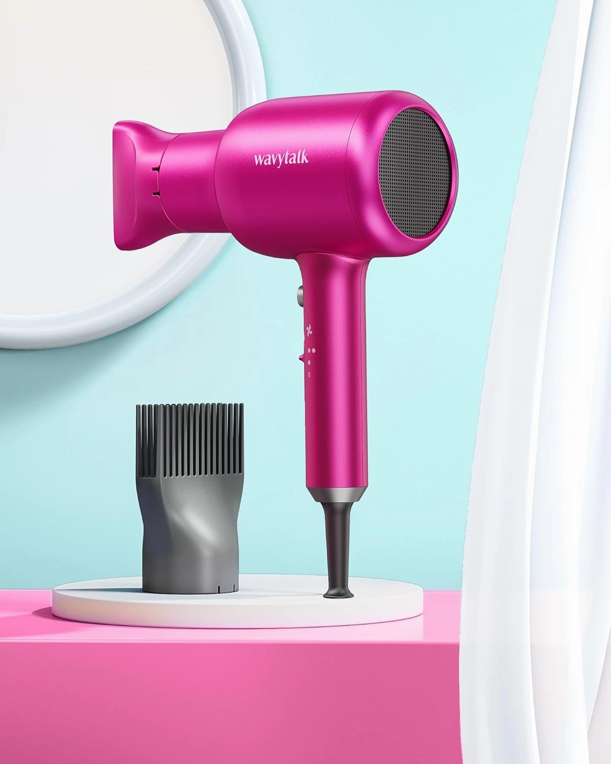 Wavytalk Hair Dryer with Diffuser, Blown Away Ionic Hair Dryer for Curly Hair, 1875W Fast Drying Blow Dryer with Ceramic Technology, 3 Attachments for All Hair Types, Light and Quiet, Hot Pink