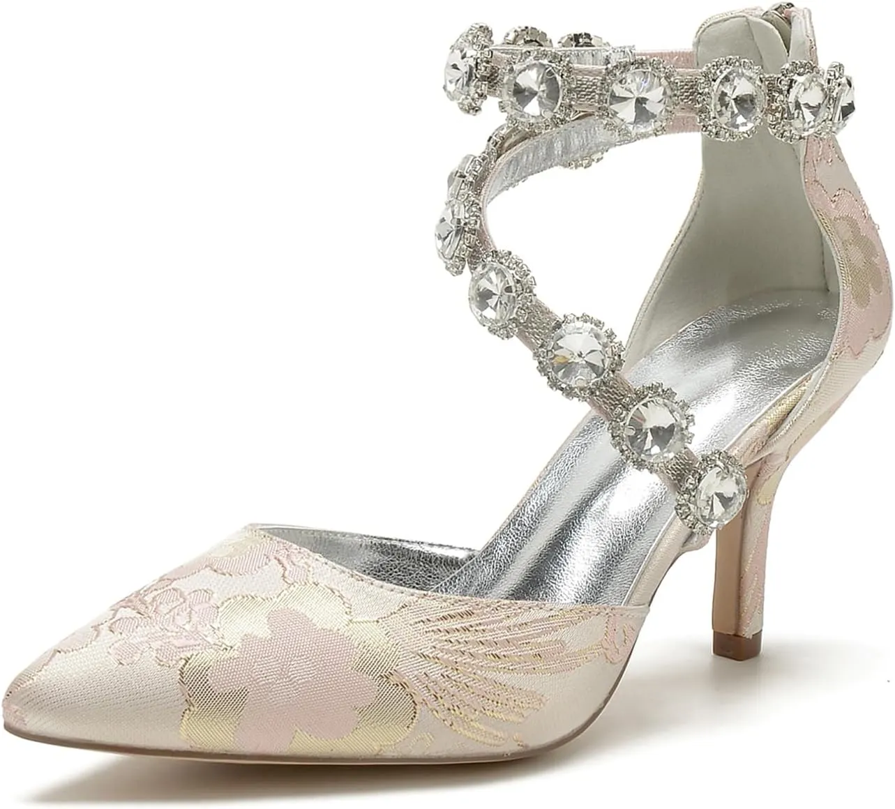 Wedding Shoes for Bride Closed Toe Womens Pointed Toe Bridal Shoes Ankle Strap Stiletto Pumps Floral Satin Evening Dress Sandals Elegant,Pink,10