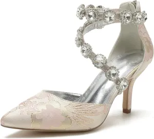 Wedding Shoes for Bride Closed Toe Womens Pointed Toe Bridal Shoes Ankle Strap Stiletto Pumps Floral Satin Evening Dress Sandals Elegant,Pink,8