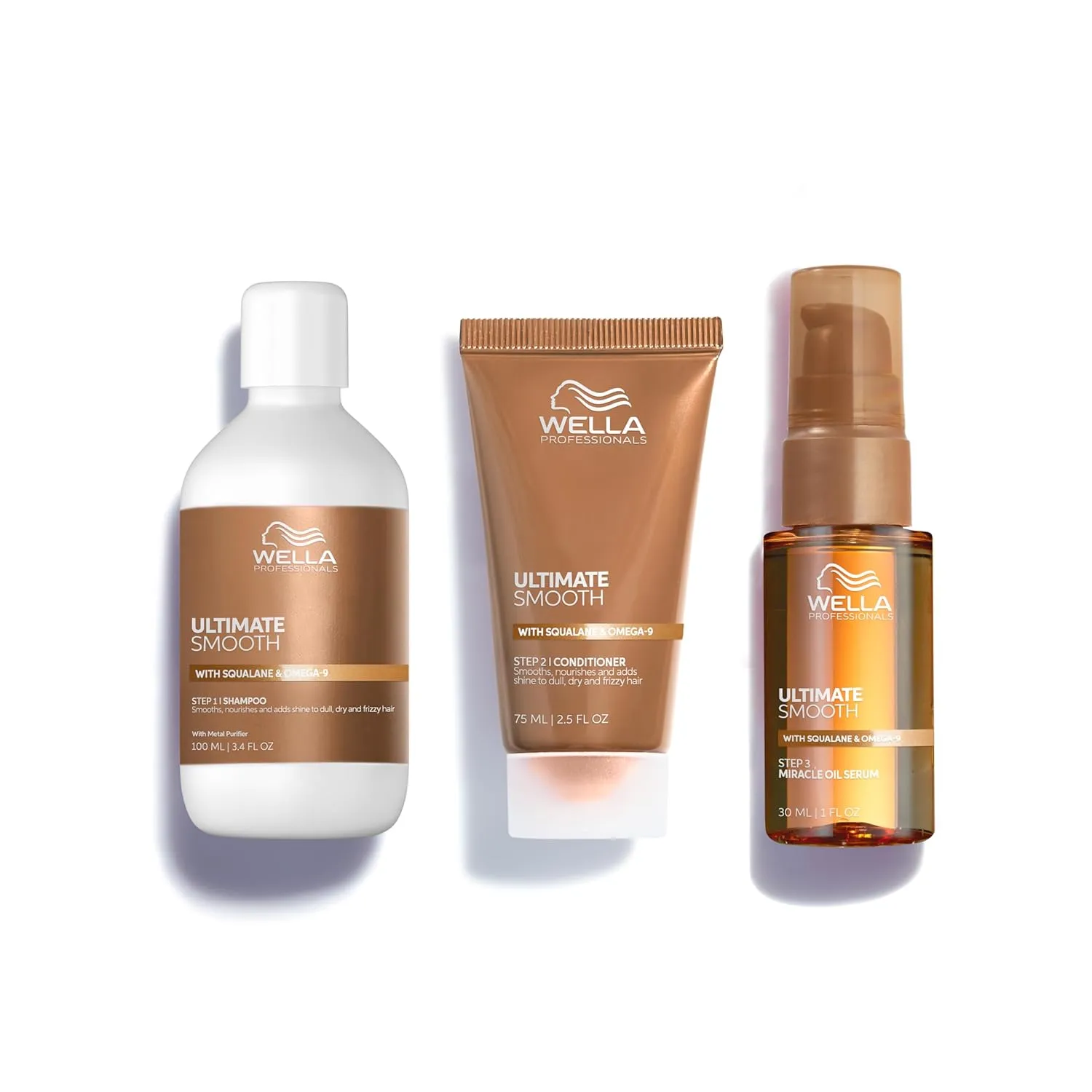 Wella Professionals ULTIMATE SMOOTH Shampoo, Conditioner, & Miracle Oil Serum for Dry, Dull & Frizzy Hair | Travel Size Bundle