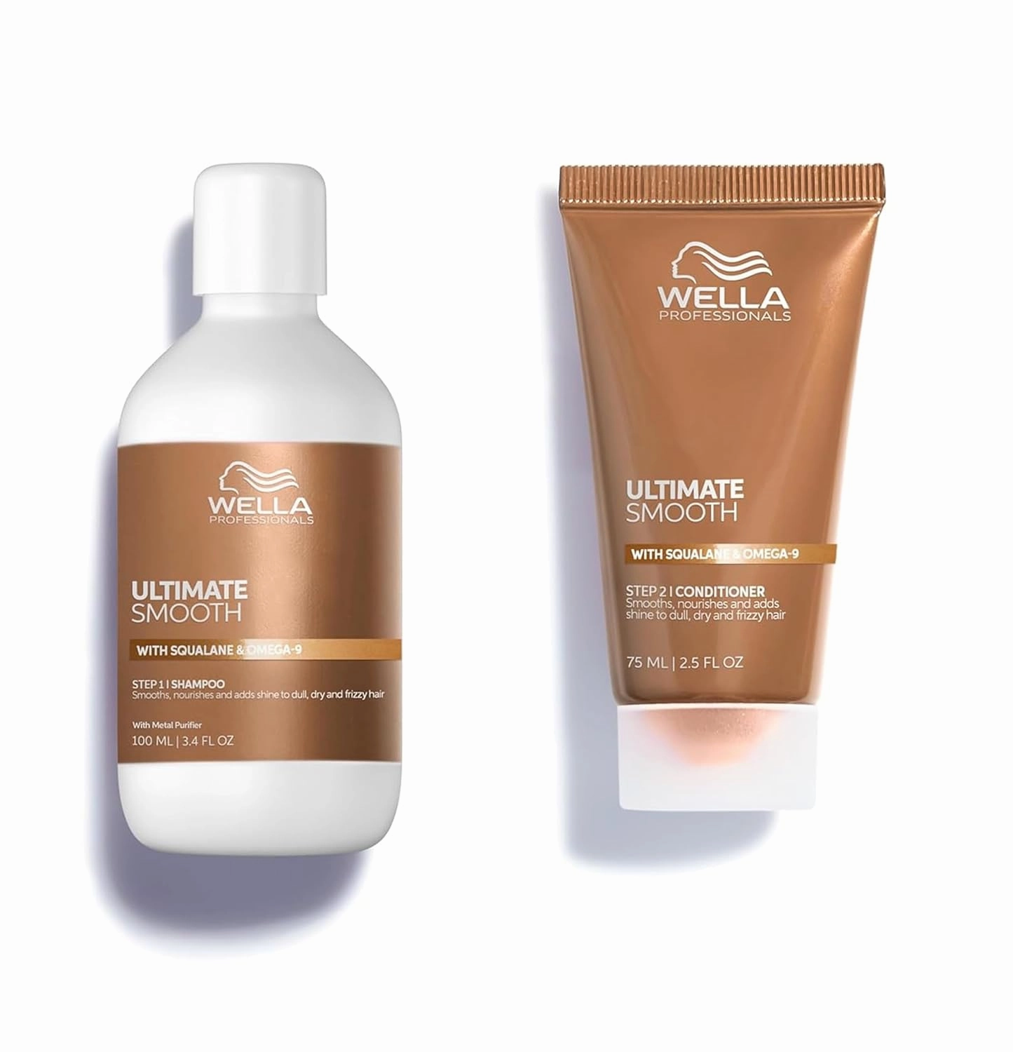 Wella Professionals ULTIMATE SMOOTH Shampoo 3.4 Fl oz.   Conditioner 2.5 Fl oz. | Treatment for Dry & Frizzy Hair | With Squalane & Omega 9 | Travel Size Bundle