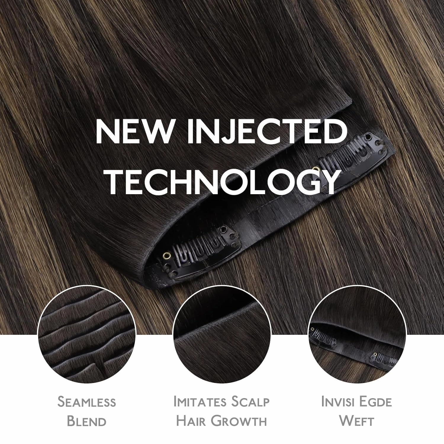WENNALIFE Invisi Edge Clip in Hair Extensions Real Human Hair, 16 Inch 130g 7pcs Balayage Dark Brown Mixed Chestnut Brown Seamless Clip in Extensions Remy Hair Clip Ins Invisible PU Skin Weft Straight