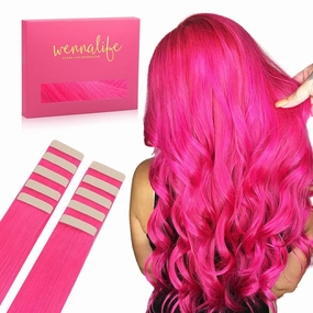 WENNALIFE Tape in Hair Extensions Human Hair Hot Pink Tape in Extensions, 10pcs 25g 16 inch Remy Invisible Tape Ins Straight Colored Soft Real Human Hair Tape in Extensions Refill Set Extensions