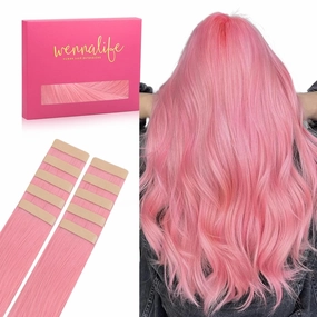 WENNALIFE Tape in Hair Extensions Human Hair Peach Pink, 10pcs 25g 18 inch Remy Hair Invisible Tape Ins Straight Colored Soft Refill Set Extensiones De Cabello Humano Con