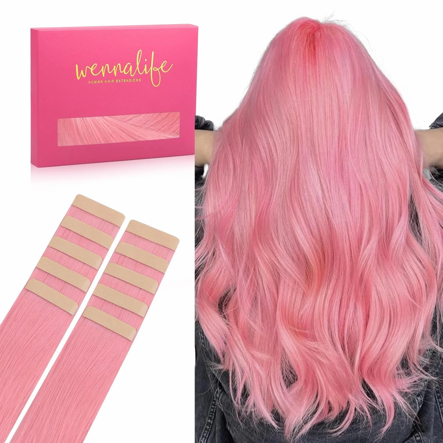 WENNALIFE Tape in Hair Extensions Human Hair Peach Pink, 10pcs 25g 18 inch Remy Hair Invisible Tape Ins Straight Colored Soft Refill Set Extensiones De Cabello Humano Con