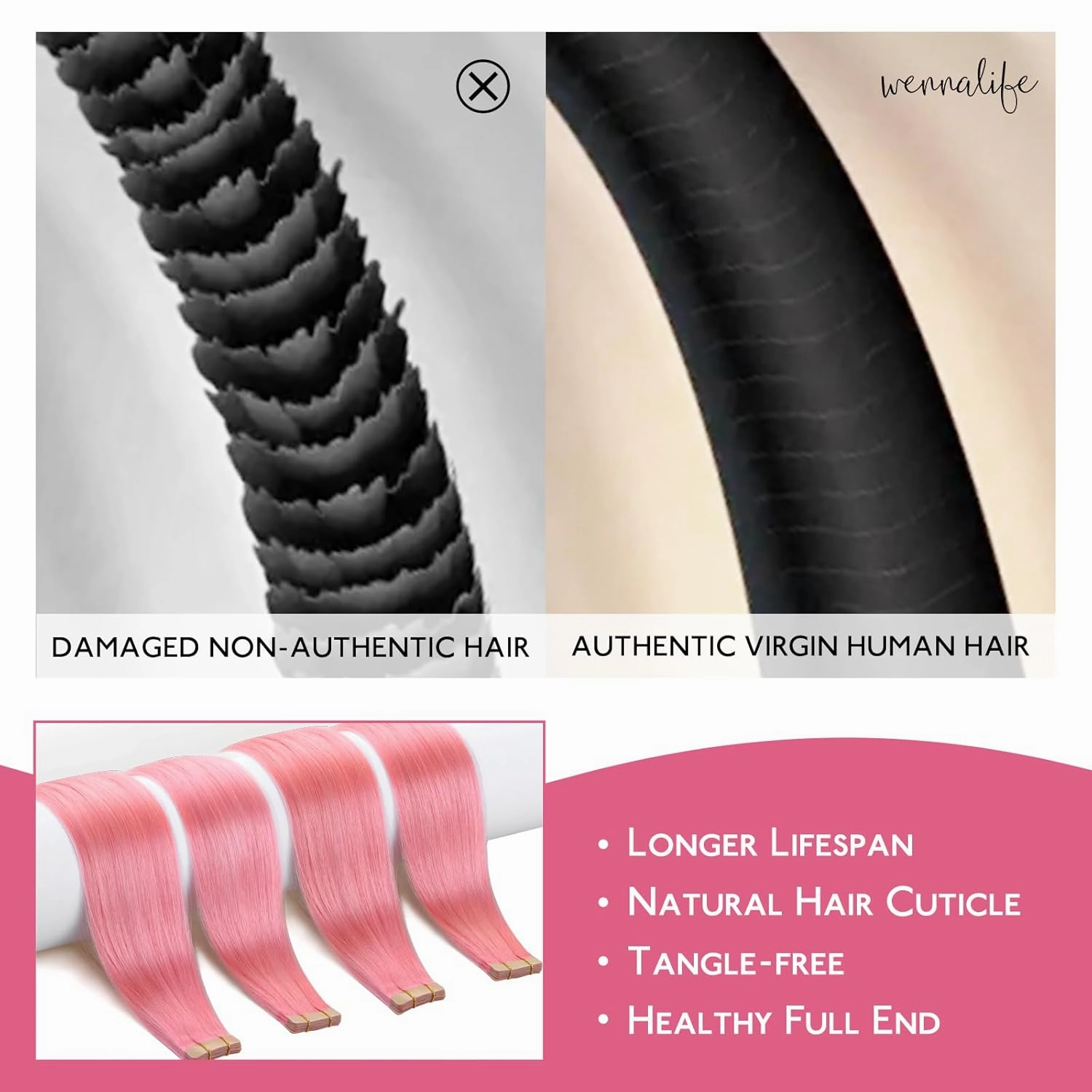WENNALIFE Tape in Hair Extensions Human Hair Peach Pink, 10pcs 25g 18 inch Remy Hair Invisible Tape Ins Straight Colored Soft Refill Set Extensiones De Cabello Humano Con