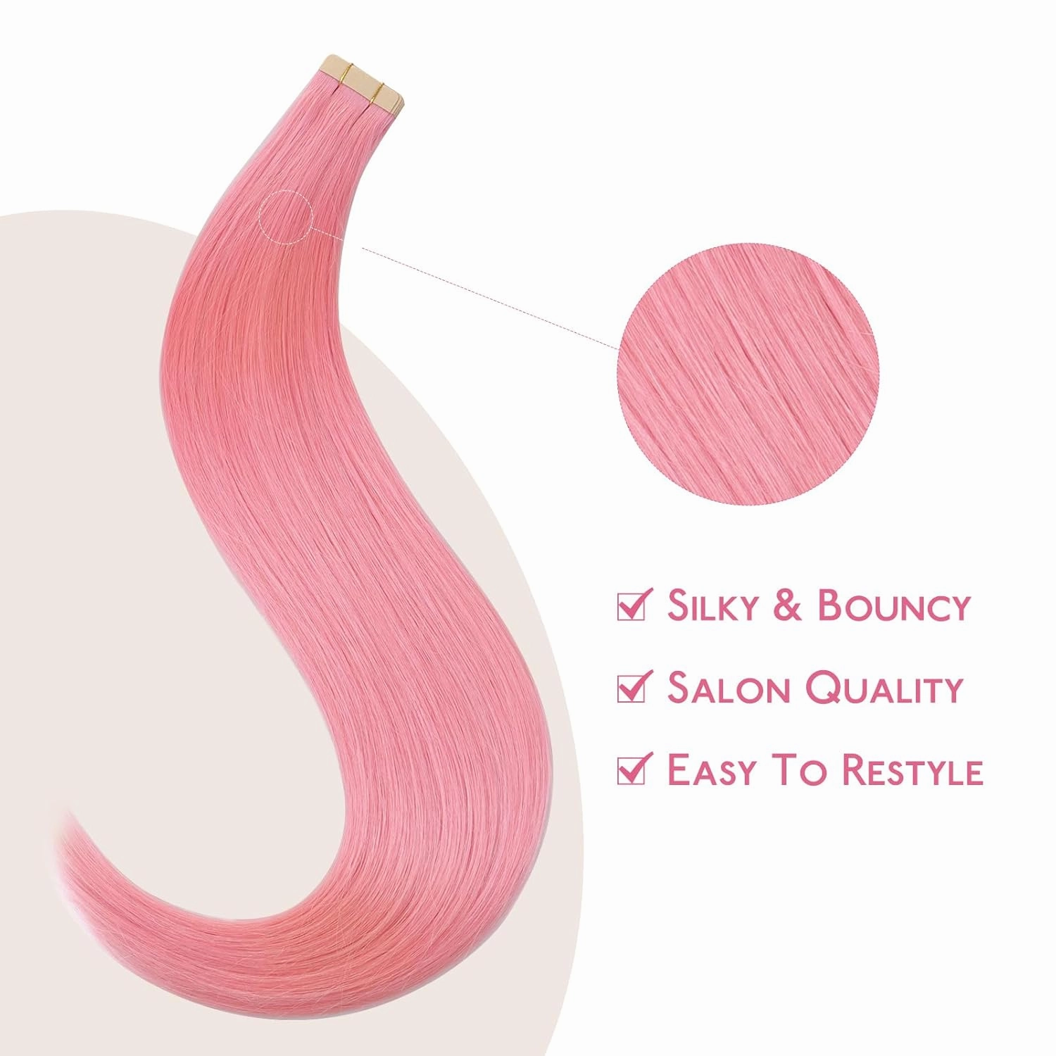 WENNALIFE Tape in Hair Extensions Human Hair Peach Pink, 10pcs 25g 18 inch Remy Hair Invisible Tape Ins Straight Colored Soft Refill Set Extensiones De Cabello Humano Con