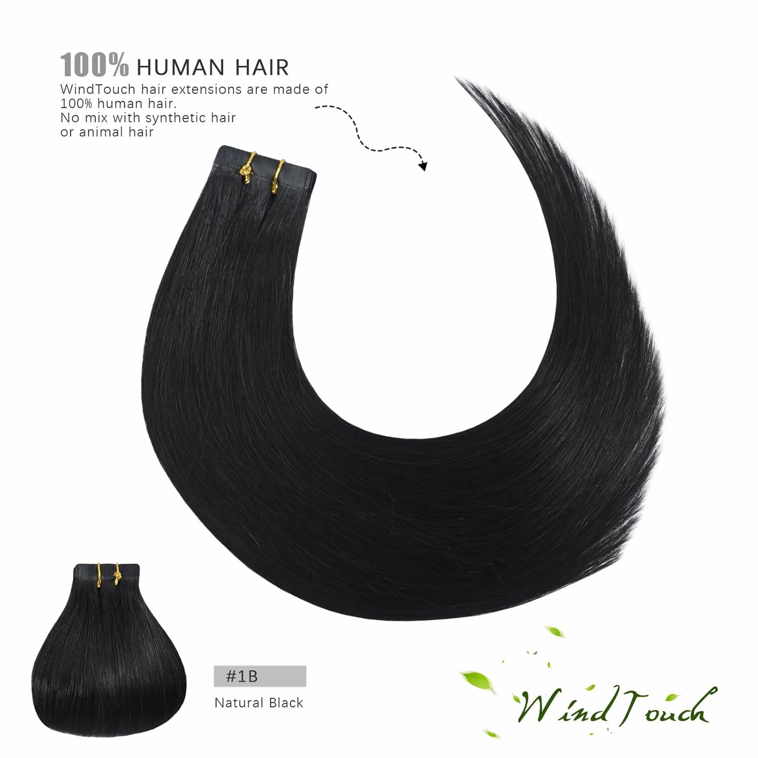 WindTouch Tape in Hair Extensions Natural Black 100% Remy Human 20 inch 20pcs 50g/pack Straight Seamless Skin Weft Hair #1B Natural Black
