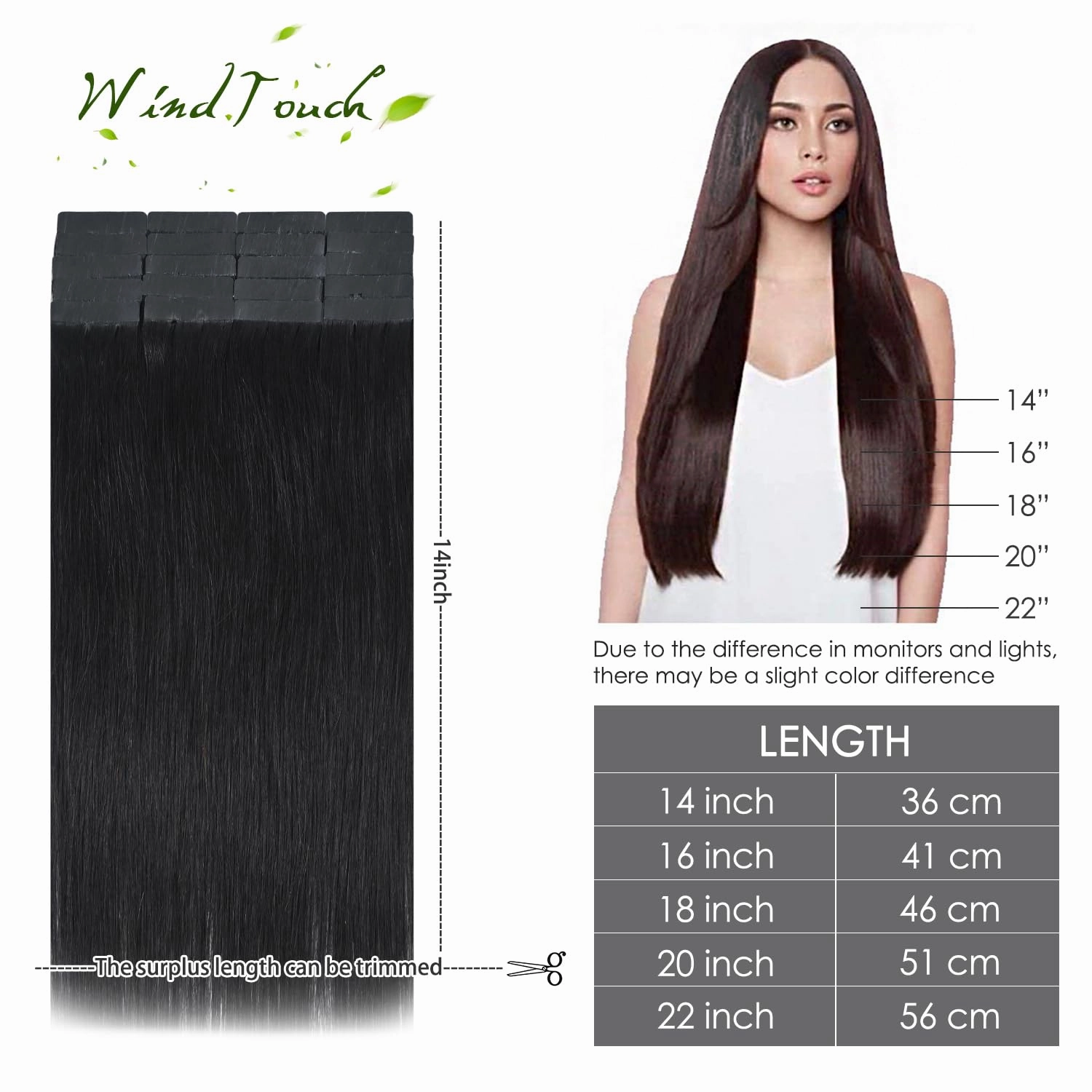 WindTouch Tape in Hair Extensions Natural Black 100% Remy Human 20 inch 20pcs 50g/pack Straight Seamless Skin Weft Hair #1B Natural Black
