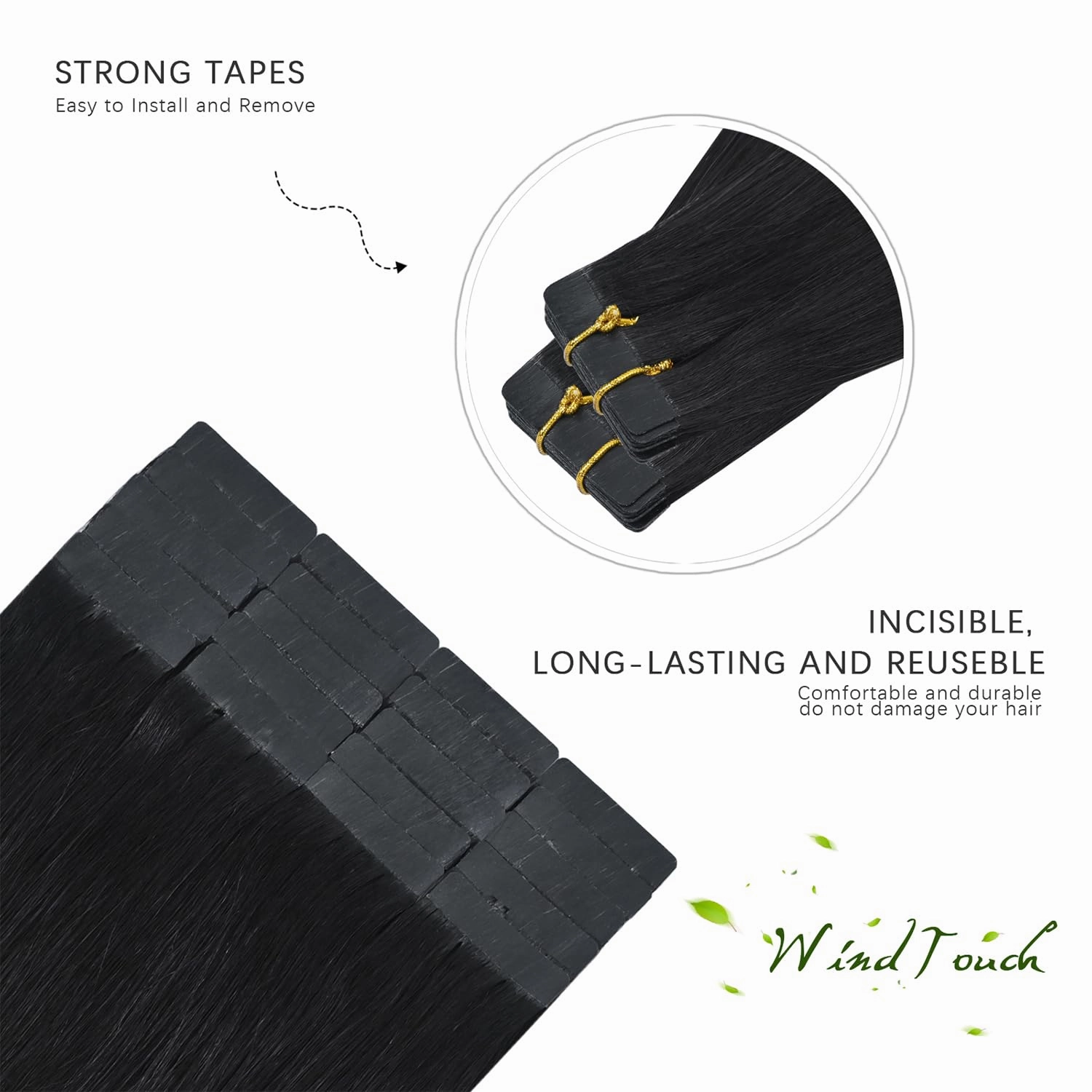 WindTouch Tape in Hair Extensions Natural Black 100% Remy Human 20 inch 20pcs 50g/pack Straight Seamless Skin Weft Hair #1B Natural Black