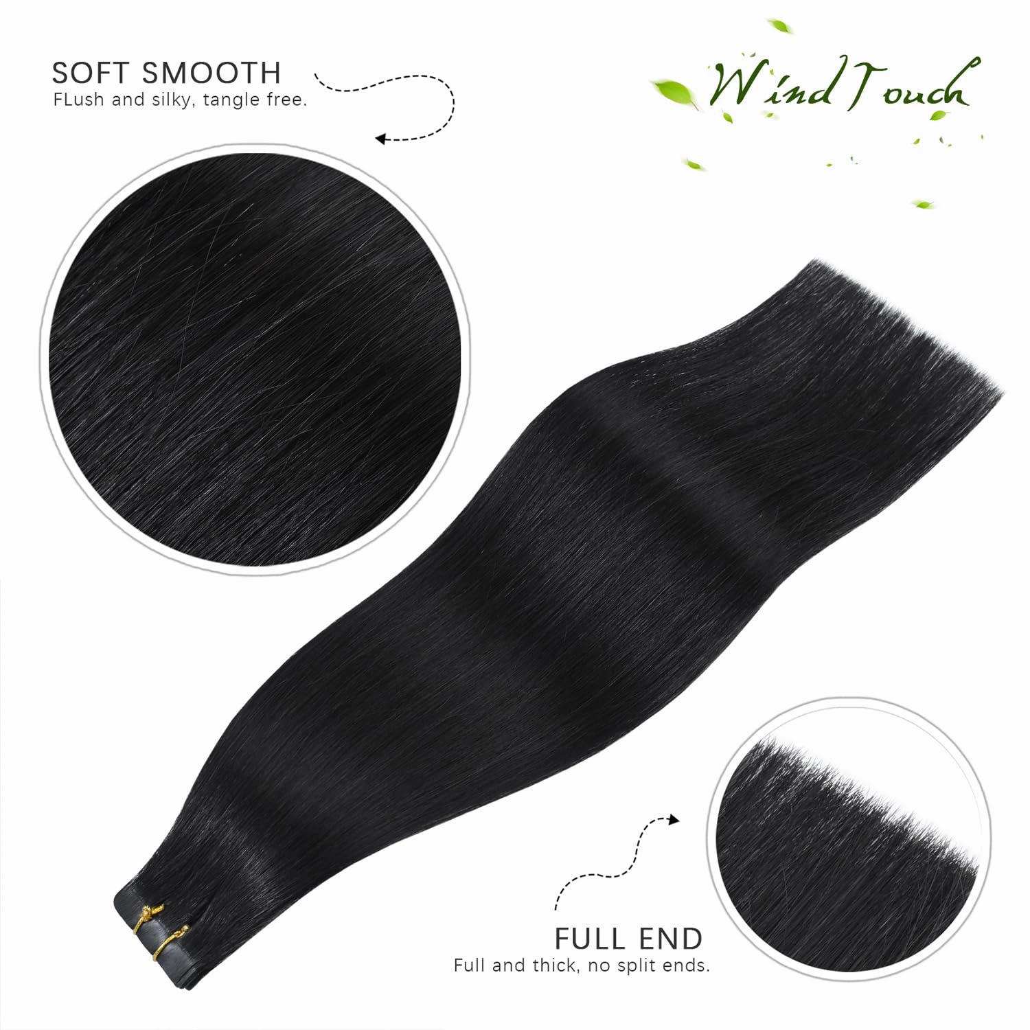 WindTouch Tape in Hair Extensions Natural Black 100% Remy Human 20 inch 20pcs 50g/pack Straight Seamless Skin Weft Hair #1B Natural Black