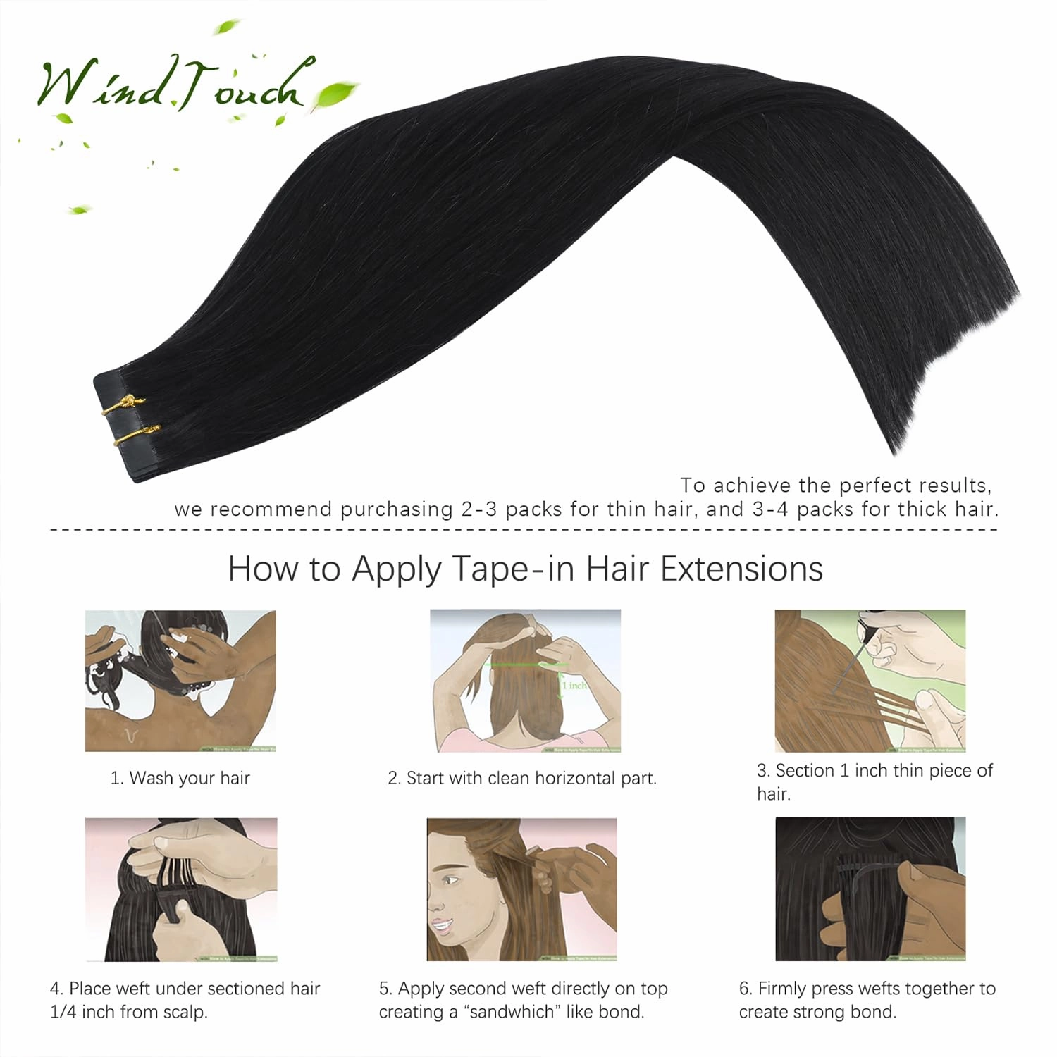 WindTouch Tape in Hair Extensions Natural Black 100% Remy Human 20 inch 20pcs 50g/pack Straight Seamless Skin Weft Hair #1B Natural Black