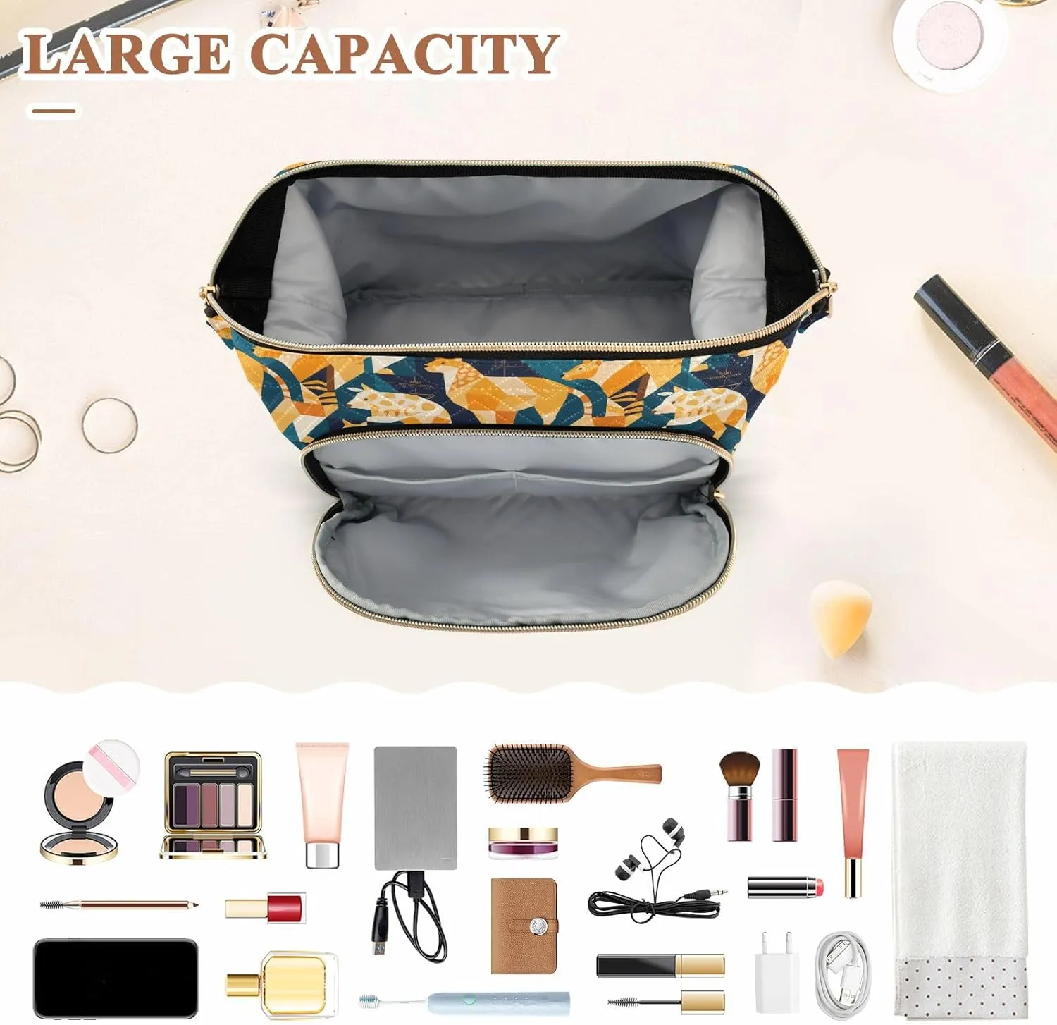Women’s Cosmetic Bag with Wide-Open Top Quilted Puffer Design Multiple Compartments