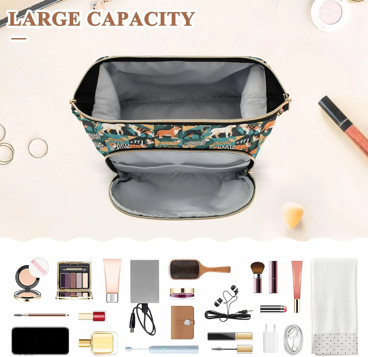 Women’s Cosmetic Bag with Wide-Open Top Quilted Puffer Design Multiple Compartments
