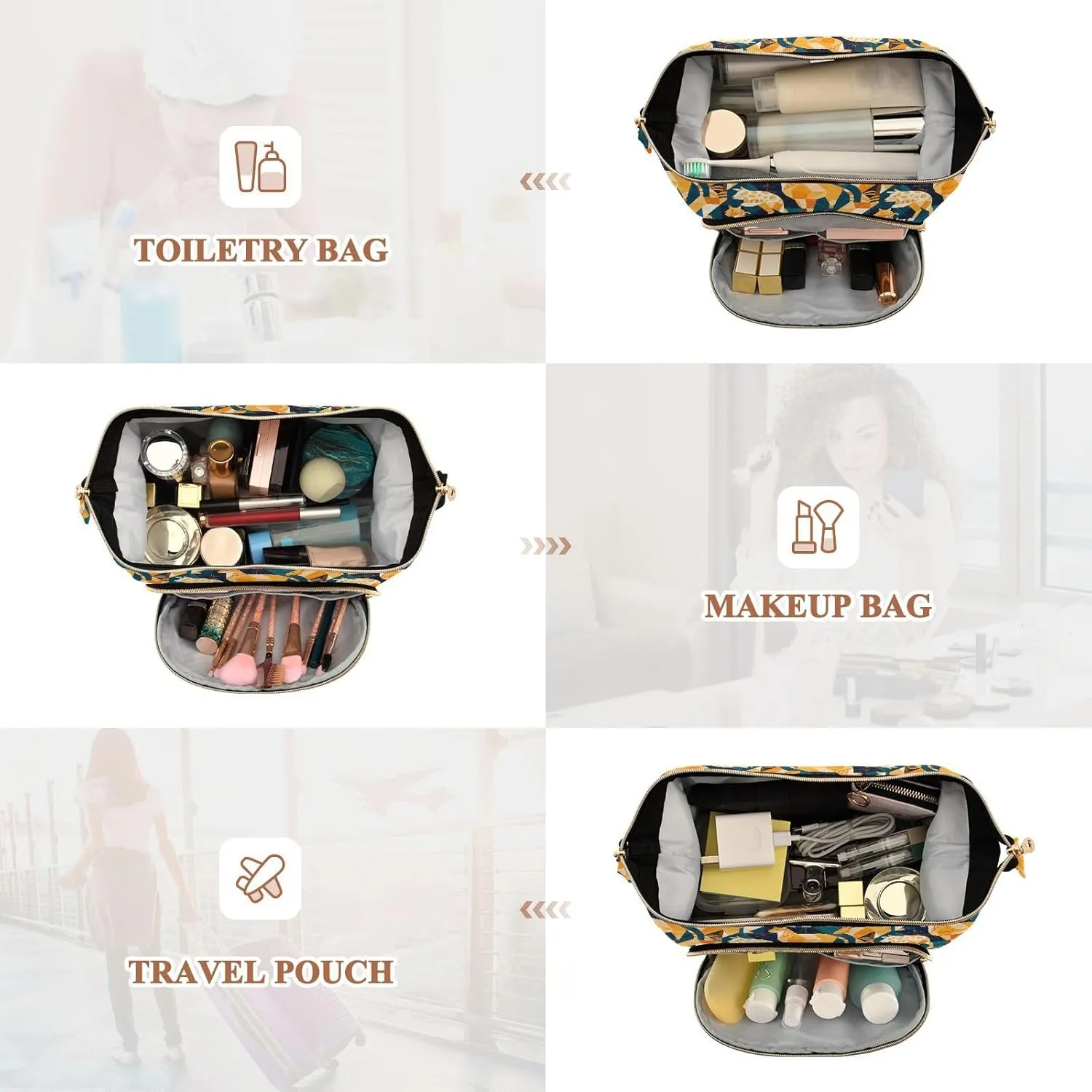 Women’s Cosmetic Bag with Wide-Open Top Quilted Puffer Design Multiple Compartments