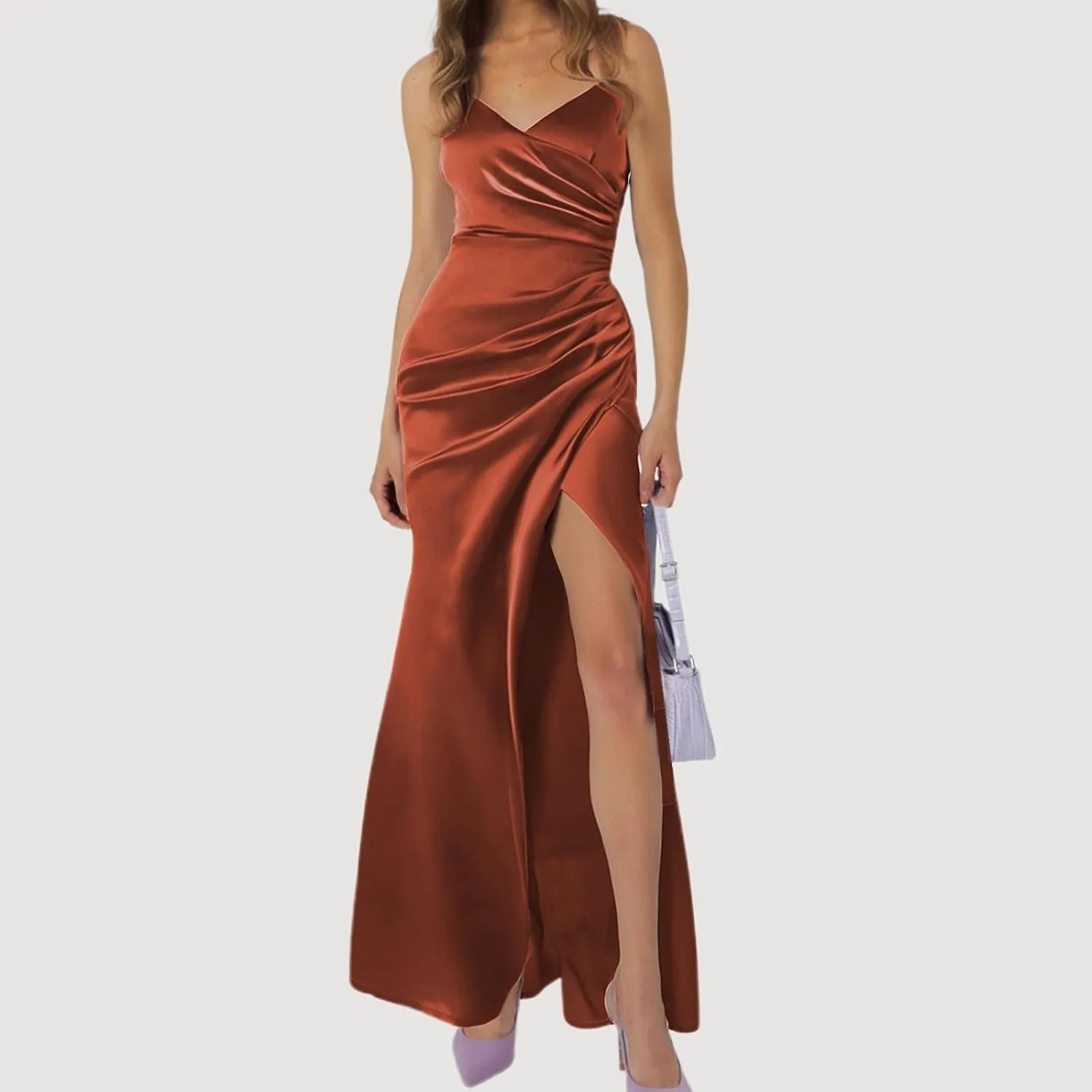 Women's Elegant Backless Pleated Satin Strapless Bridesmaid Dress Sequin Maxi Dress for Women