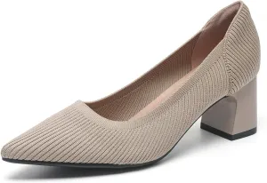 Women's Knitted Striped Pointed Toe Chunky Heel Pumps Elegant Slip On Lightweight Breathable Stretchy Knit Comfort Mid Block Heel Dress Work Shoes for Office Casual Walking Dating