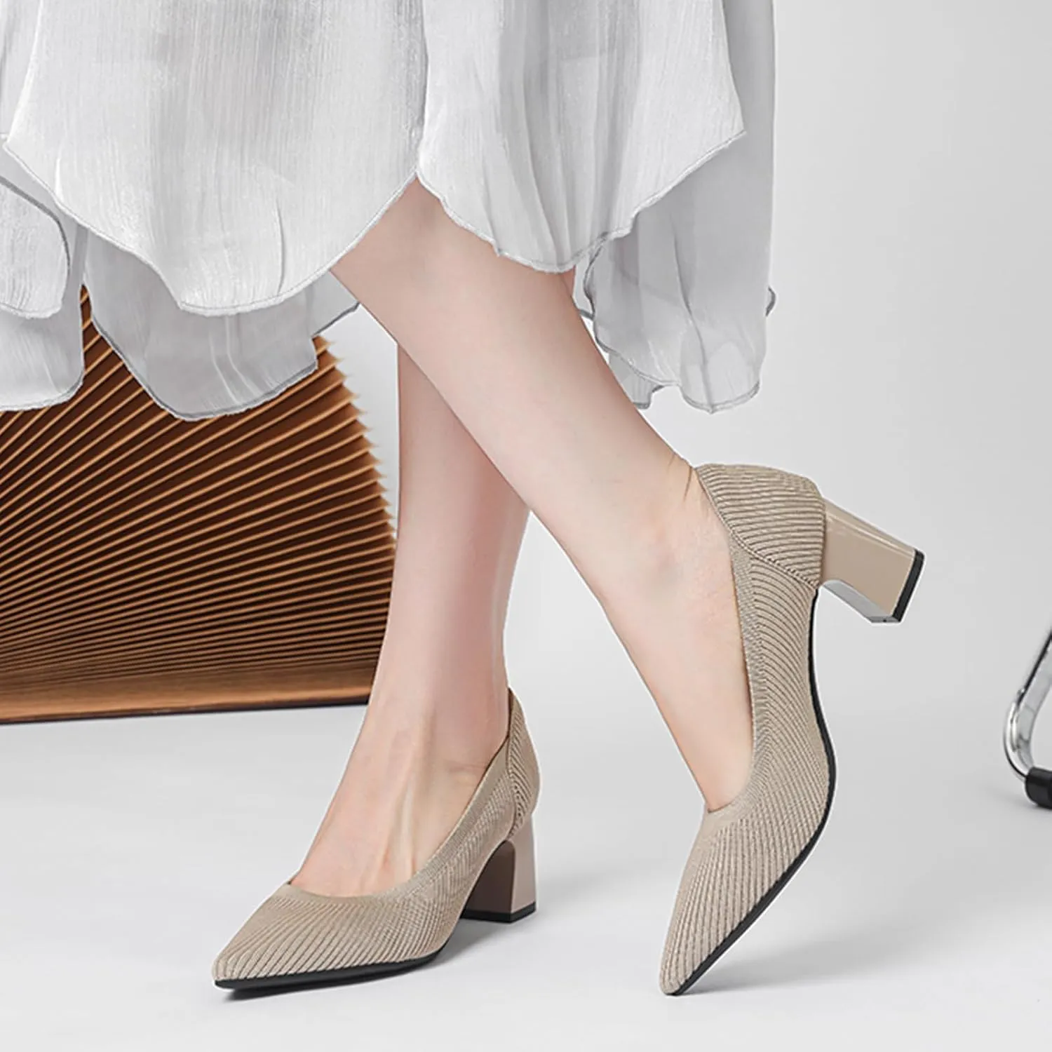 Women's Knitted Striped Pointed Toe Chunky Heel Pumps Elegant Slip On Lightweight Breathable Stretchy Knit Comfort Mid Block Heel Dress Work Shoes for Office Casual Walking Dating