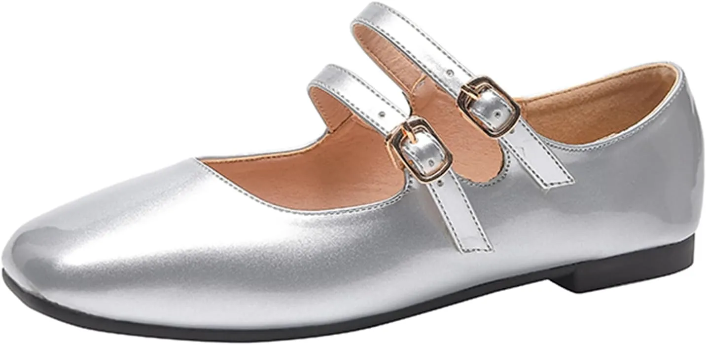 Women's Patent Leather Flat Mary Jane Shoes Elegant Square Toe Two Ankle Strap Ballet Flats for Walking Work Dressy & Casual