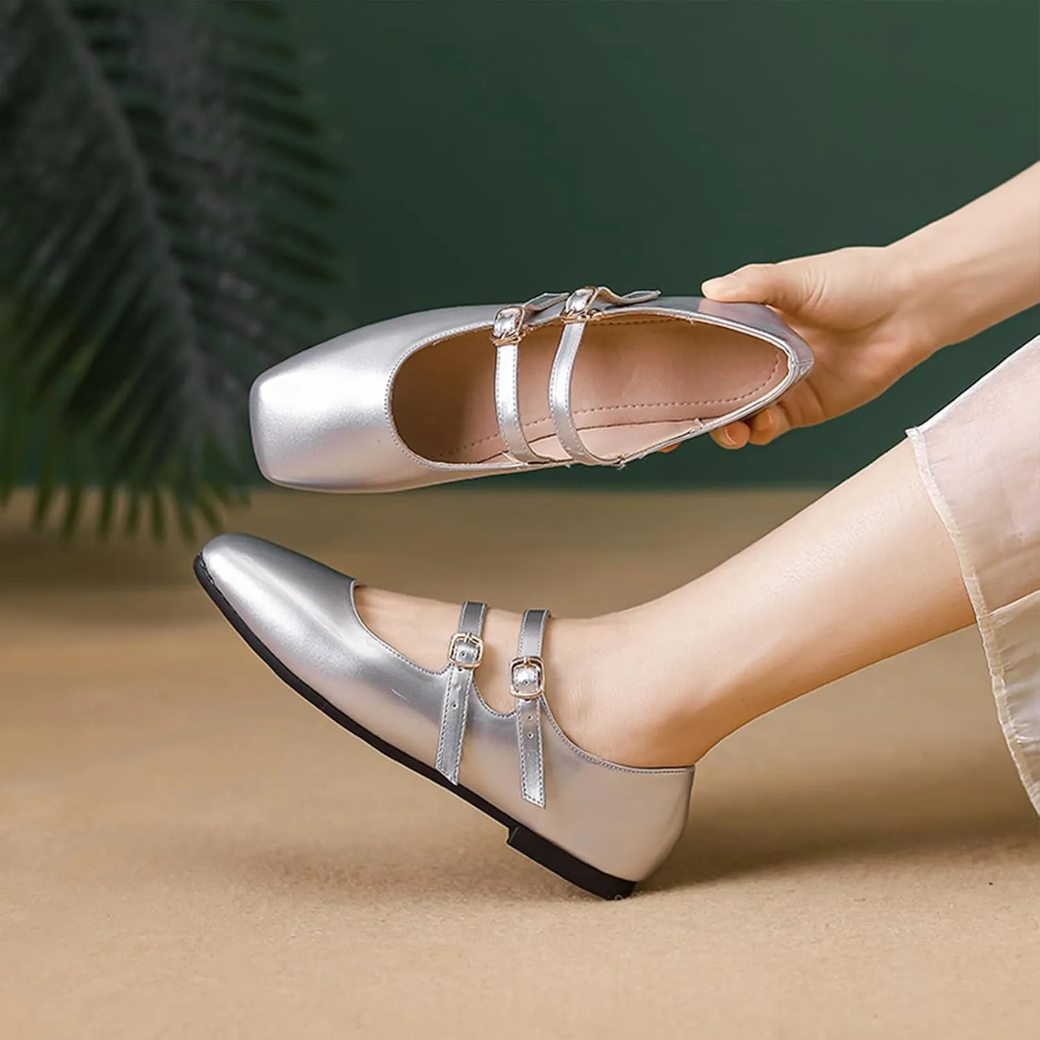 Women's Patent Leather Flat Mary Jane Shoes Elegant Square Toe Two Ankle Strap Ballet Flats for Walking Work Dressy & Casual