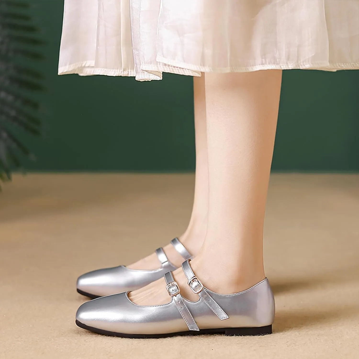 Women's Patent Leather Flat Mary Jane Shoes Elegant Square Toe Two Ankle Strap Ballet Flats for Walking Work Dressy & Casual