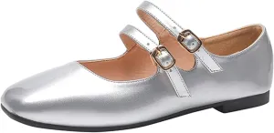 Women's Patent Leather Flat Mary Jane Shoes Elegant Square Toe Two Ankle Strap Ballet Flats for Walking Work Dressy & Casual