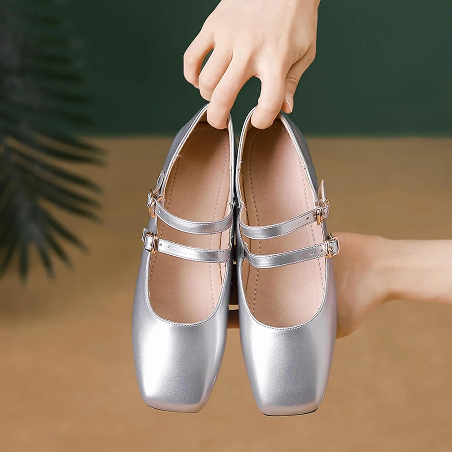Women's Patent Leather Flat Mary Jane Shoes Elegant Square Toe Two Ankle Strap Ballet Flats for Walking Work Dressy & Casual