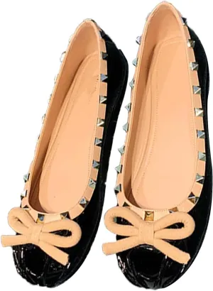 Women's Patent Leather Slip-On Ballet Flats,Cute Bow Studded Square Toe Comfortable Soft Sole Casual Dressy Party Shoes
