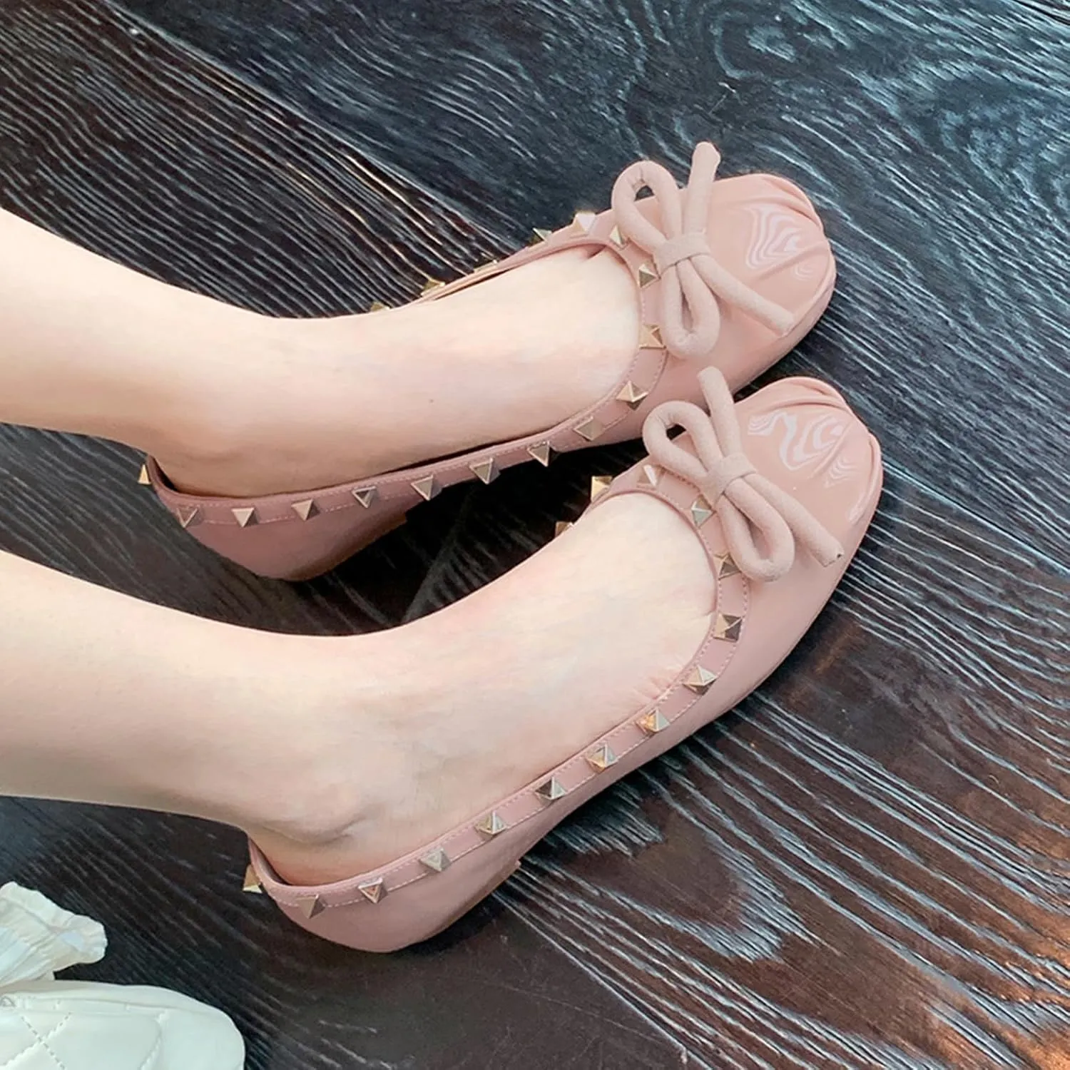Women's Patent Leather Slip-On Ballet Flats,Cute Bow Studded Square Toe Comfortable Soft Sole Casual Dressy Party Shoes