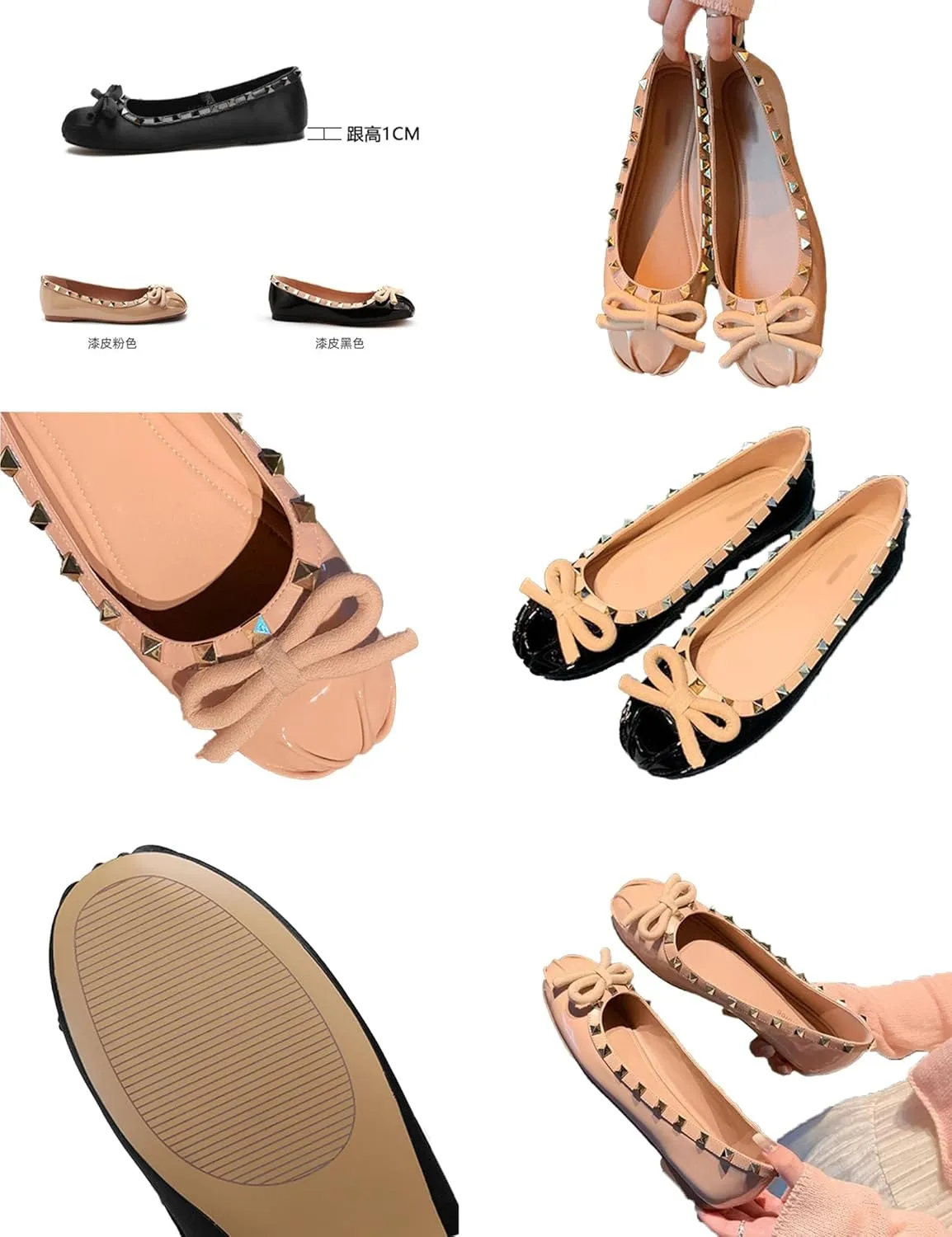 Women's Patent Leather Slip-On Ballet Flats,Cute Bow Studded Square Toe Comfortable Soft Sole Casual Dressy Party Shoes