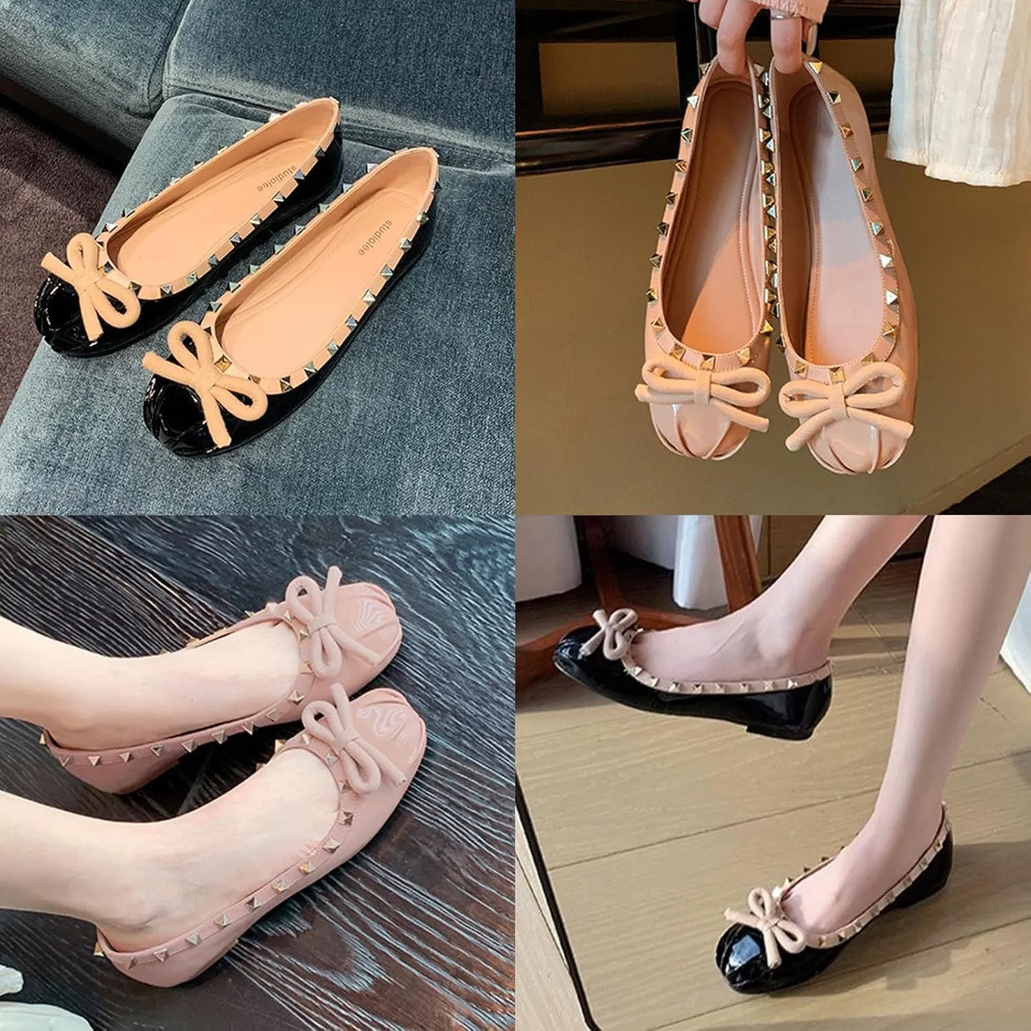 Women's Patent Leather Slip-On Ballet Flats,Cute Bow Studded Square Toe Comfortable Soft Sole Casual Dressy Party Shoes