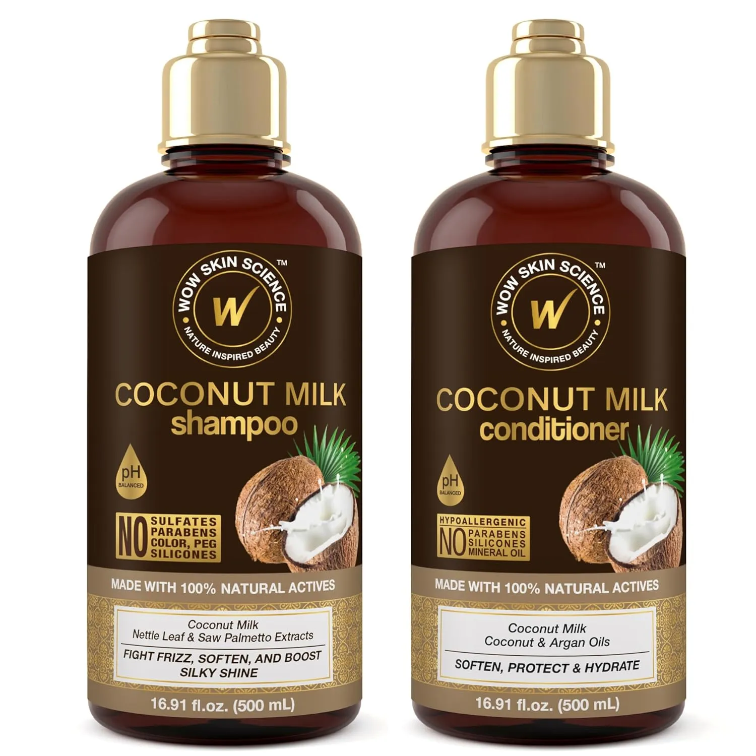 WOW Skin Science Coconut Milk Shampoo and Conditioner Set - Shampoo & Conditioner for Curly Hair - Paraben Sulfate Free - 33.82 Fl Oz