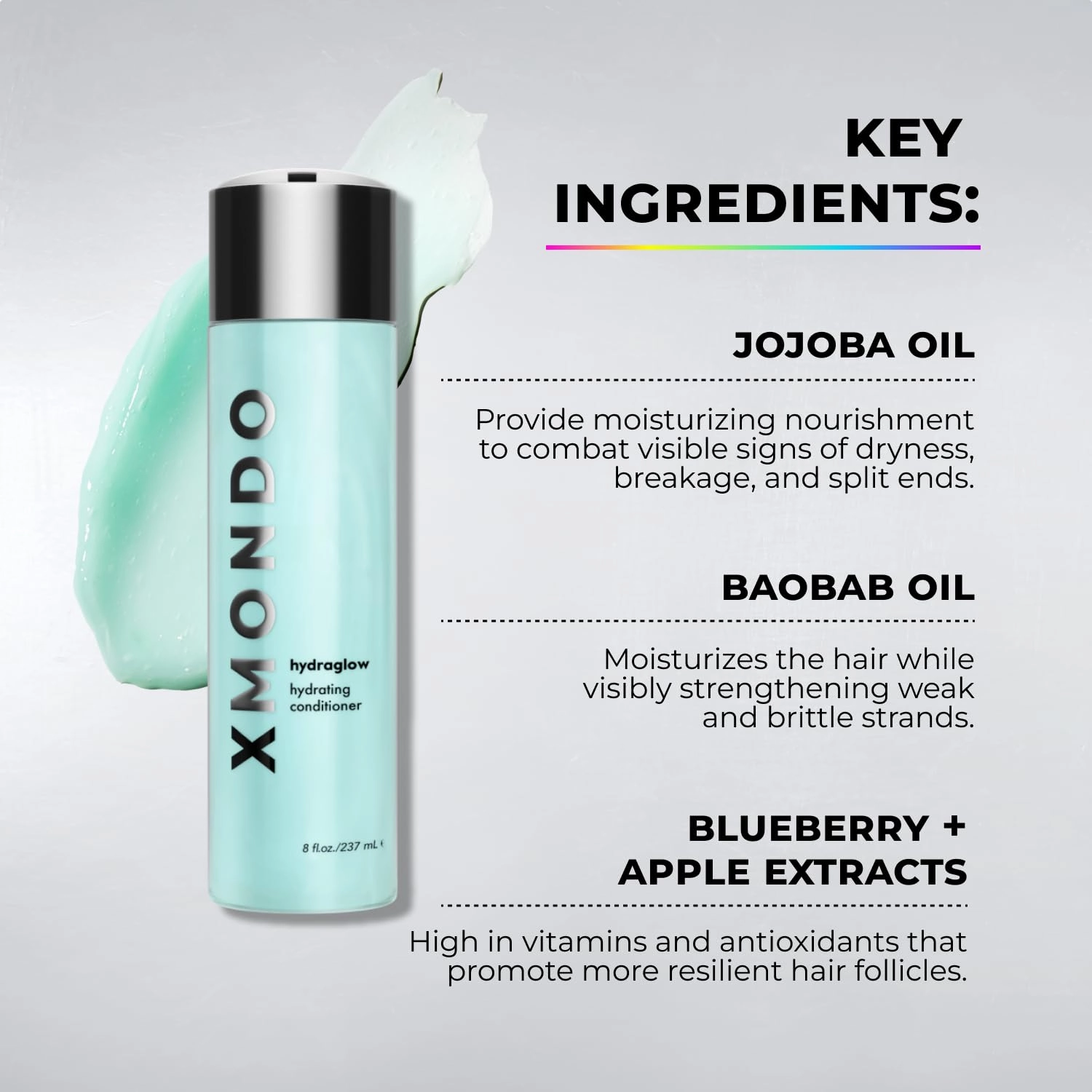 XMONDO Hair Hydraglow Hydrating Shampoo | Vegan Formula with Jojoba Oil, Baobab Oil, and Blueberry & Apple Extract, to Lock In Moisture, Control Frizz, and Uncover Healthy Smooth Hair, 8 Fl Oz 1-Pack