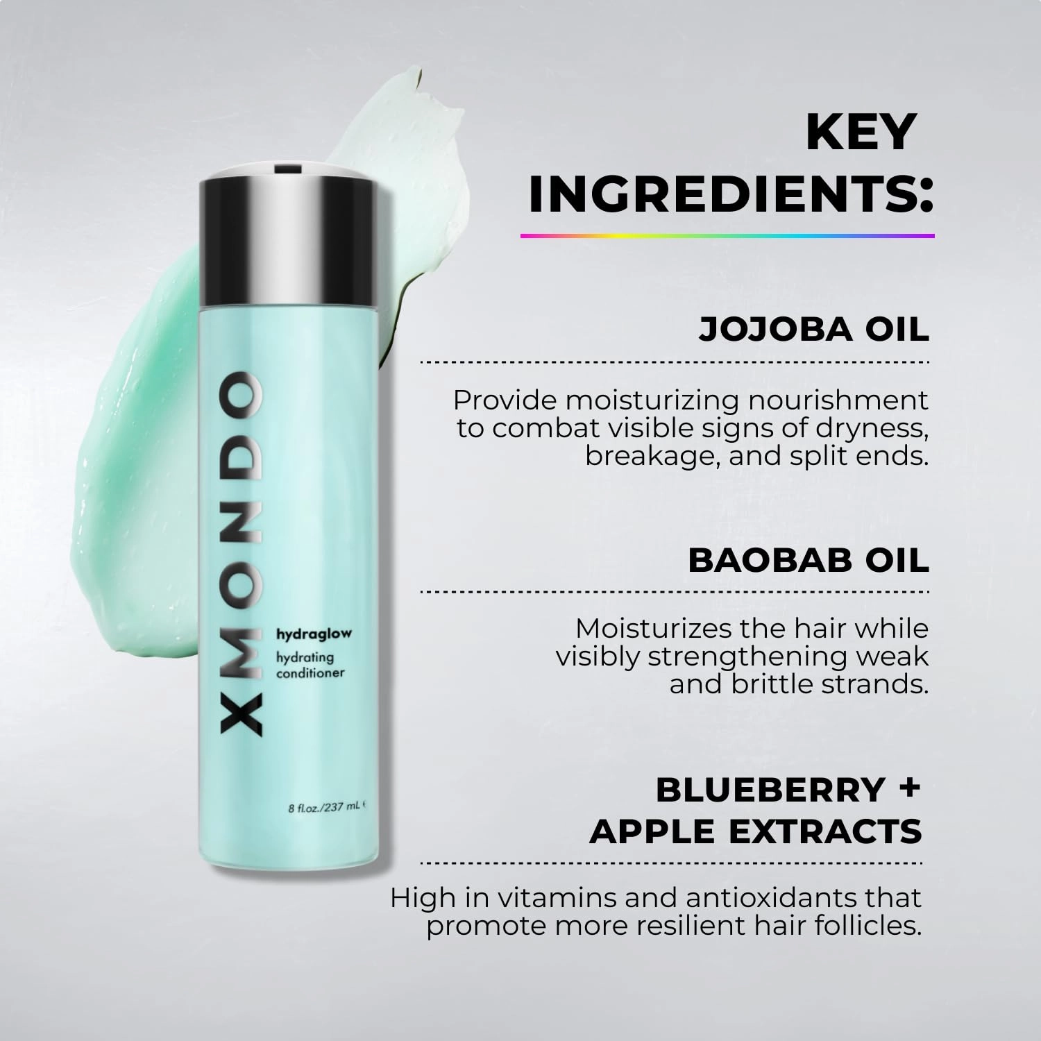 XMONDO Hair Hydraglow Hydrating Shampoo | Vegan Formula with Jojoba Oil, Baobab Oil, and Blueberry & Apple Extract, to Lock In Moisture, Control Frizz, and Uncover Healthy Smooth Hair, 8 Fl Oz 1-Pack