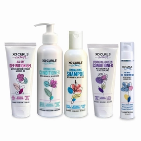 XO Curls 5 Pcs Curl Therapy Range 12 Fl Oz | Pre-Wash Oil, Shampoo, Conditioner, Leave-In Conditioner & Definition Gel | Frizz-Free | Soft Natural Curls | Argan Oil | Unisex Adult