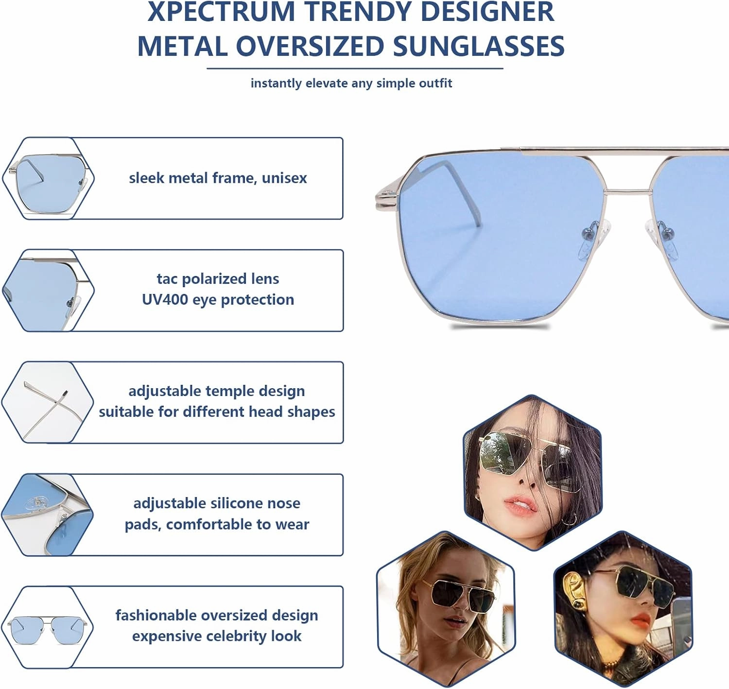 Xpectrum Retro Oversized Aviator Trendy Sunglasses Mens Womens Square Metal Gold Sun Glasses Polarized Lens