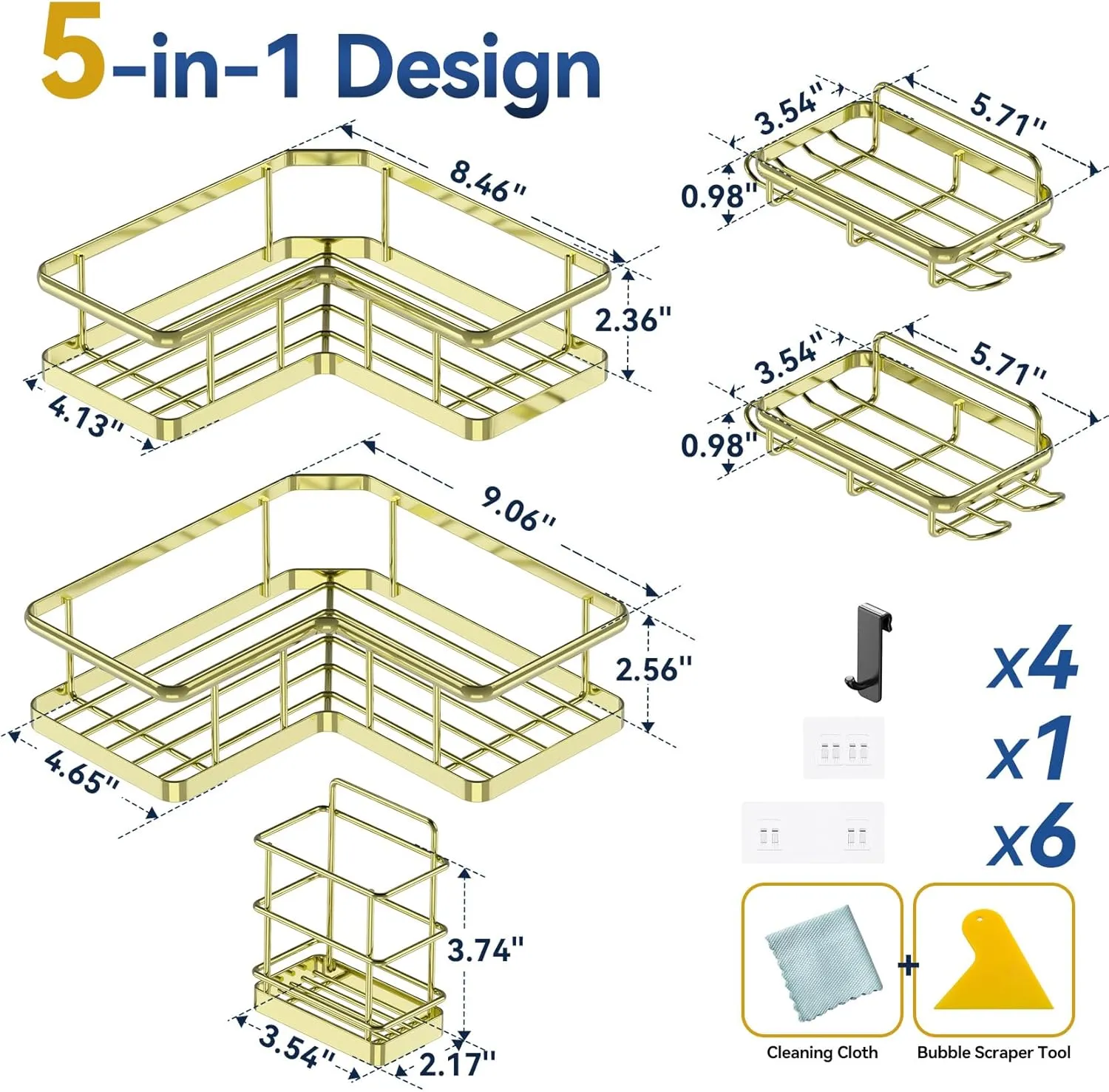 YASONIC Corner Shower Caddy Organizer, 5-Pack Self-Adhesive Rustproof Bath Shelves with Soap Holder & 4 Hooks, Large Capacity Shower Storage Rack for Bathroom Organization, Gold
