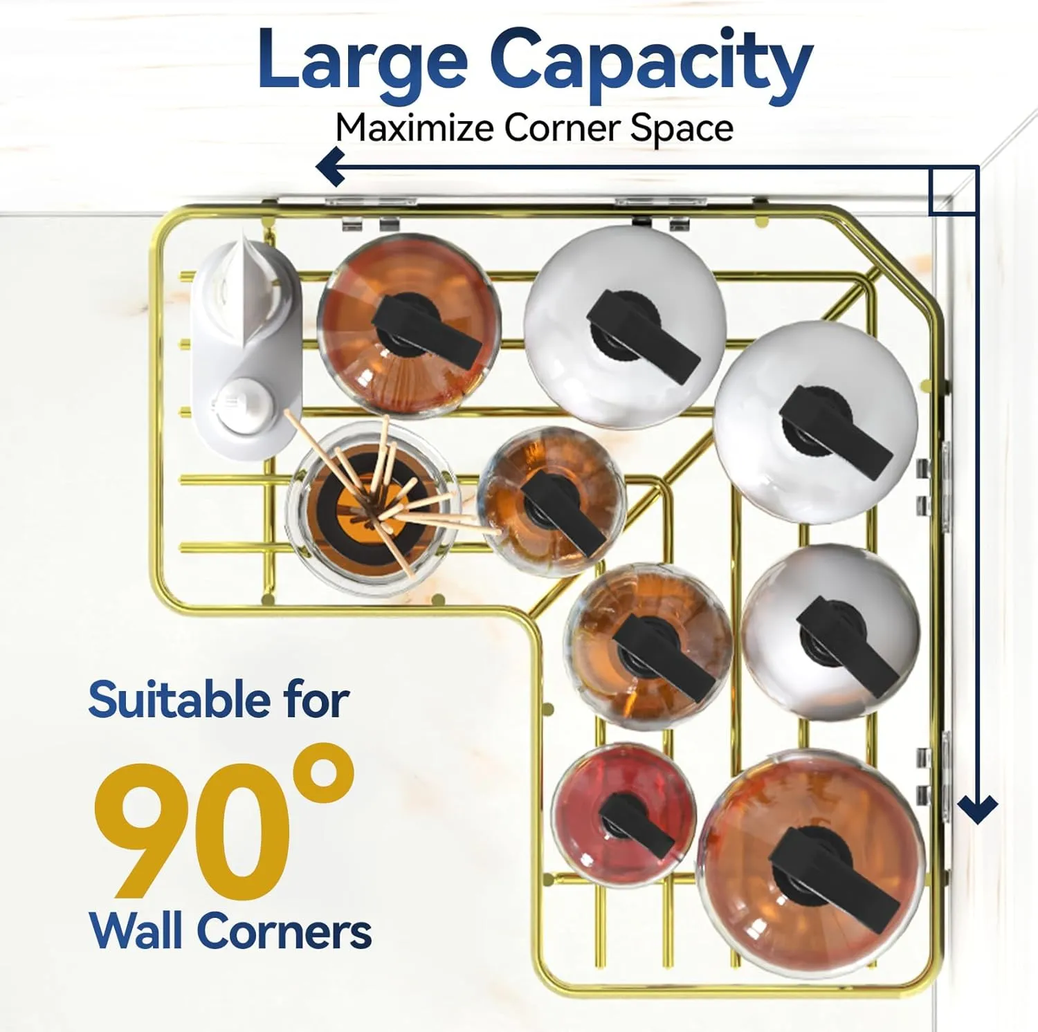 YASONIC Corner Shower Caddy Organizer, 5-Pack Self-Adhesive Rustproof Bath Shelves with Soap Holder & 4 Hooks, Large Capacity Shower Storage Rack for Bathroom Organization, Gold