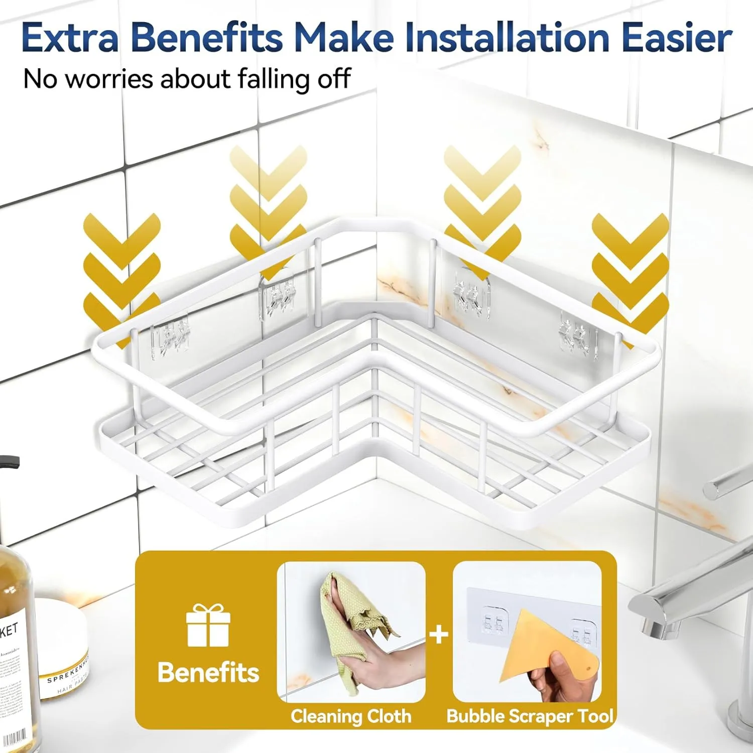 YASONIC Corner Shower Caddy Organizer, 5-Pack Self-Adhesive Rustproof Bath Shelves with Soap Holder & 4 Hooks, Large Capacity Shower Storage Rack for Bathroom Organization, White