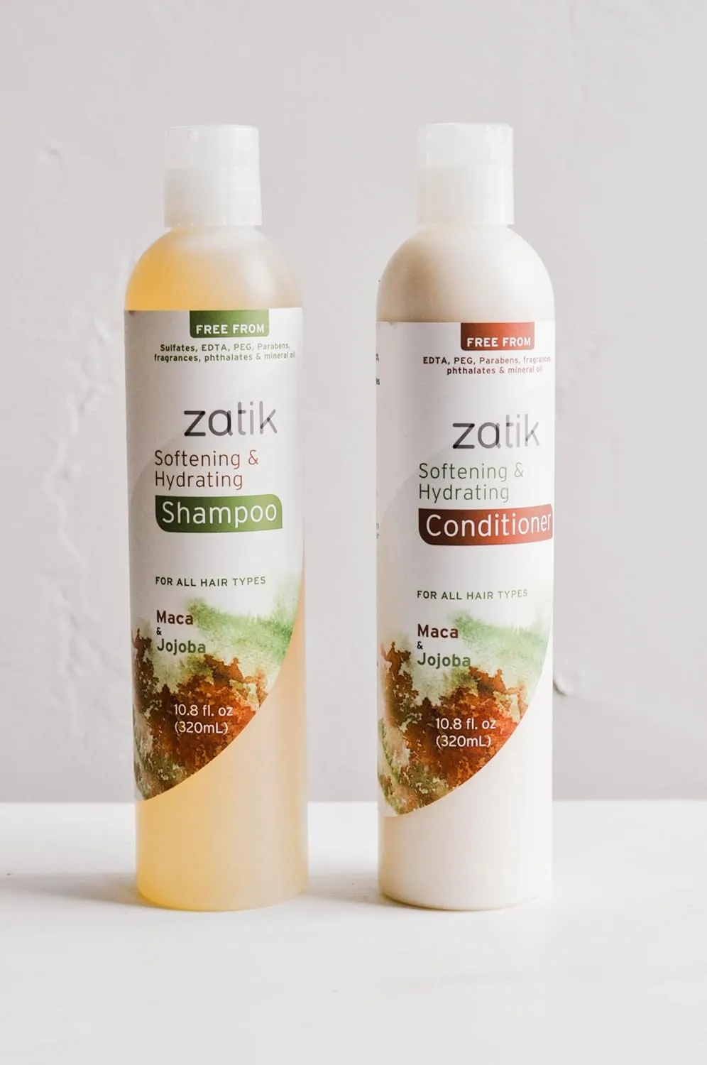 Zatik Naturals - Softening & Hydrating Shampoo   Conditioner Set - with Maca and Jojoba for all Hair, Vegan, Biodegradable, pH Balanced, Free From Sulfates, 10.8 fl oz (One of Each)