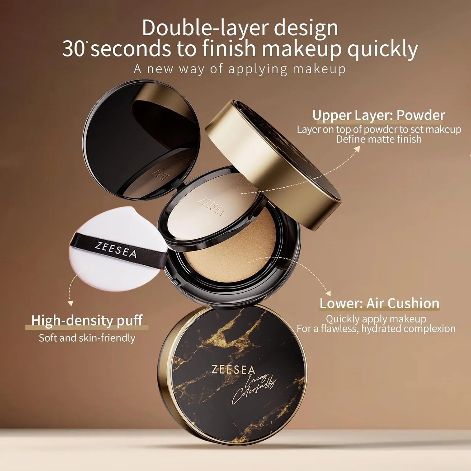 zeesea 2 in 1 Cushion Foundation,Makeup Double Layer Cushion BB Cream &Setting Powder for Oil Control,Tinted Moisturizer,Long-lasting, lvory, 0.32   0.18oz (9g   5g)