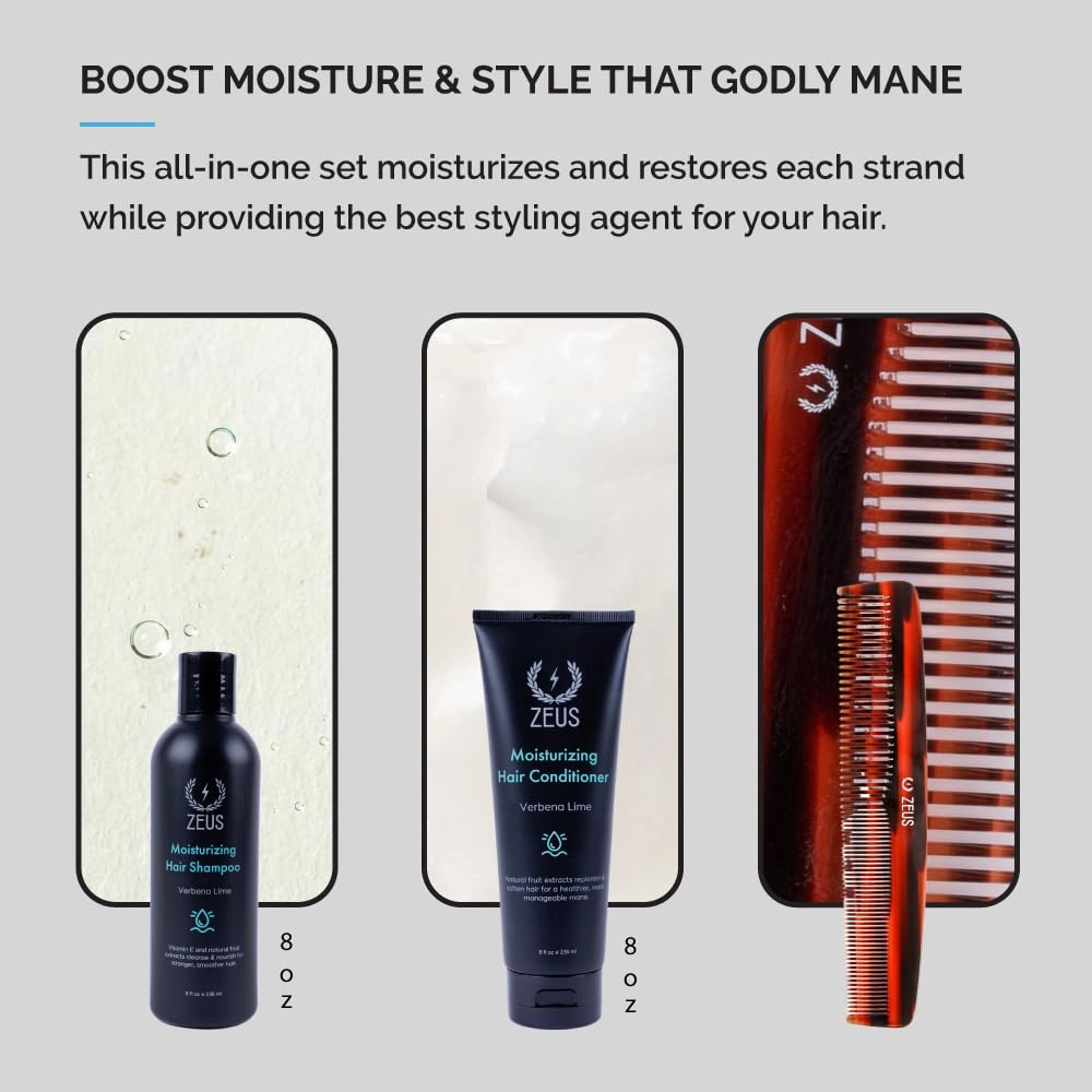 ZEUS Hair Wash & Pomade Set for Men, Moisturizing Shampoo, Hydrating Conditioner, Hair Comb & Styling Hair Pomade with Gift Tin (Clay Pomade)